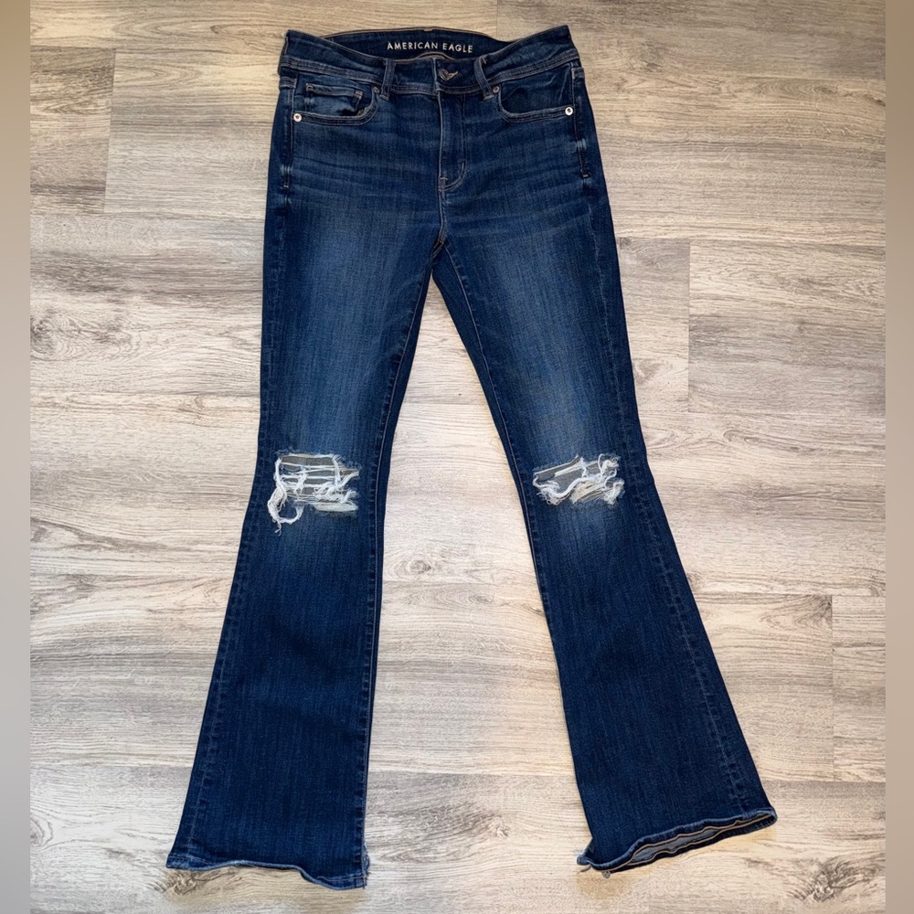 American Eagle Outfitters Dark Blue Distressed Flare Jeans